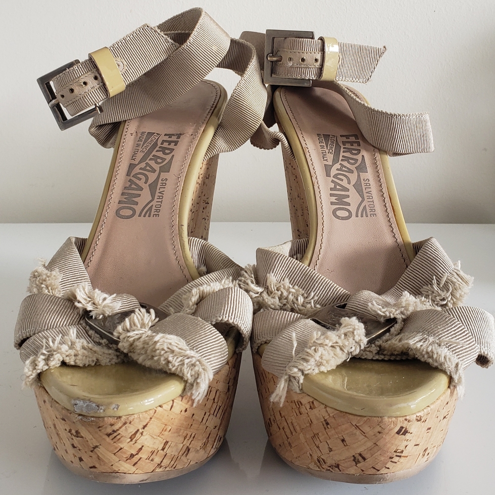Ferragamo Wedge Heel Sandals - Cream & Cork Fringe Strappy Heel Summer Party - Picture 2 of 4